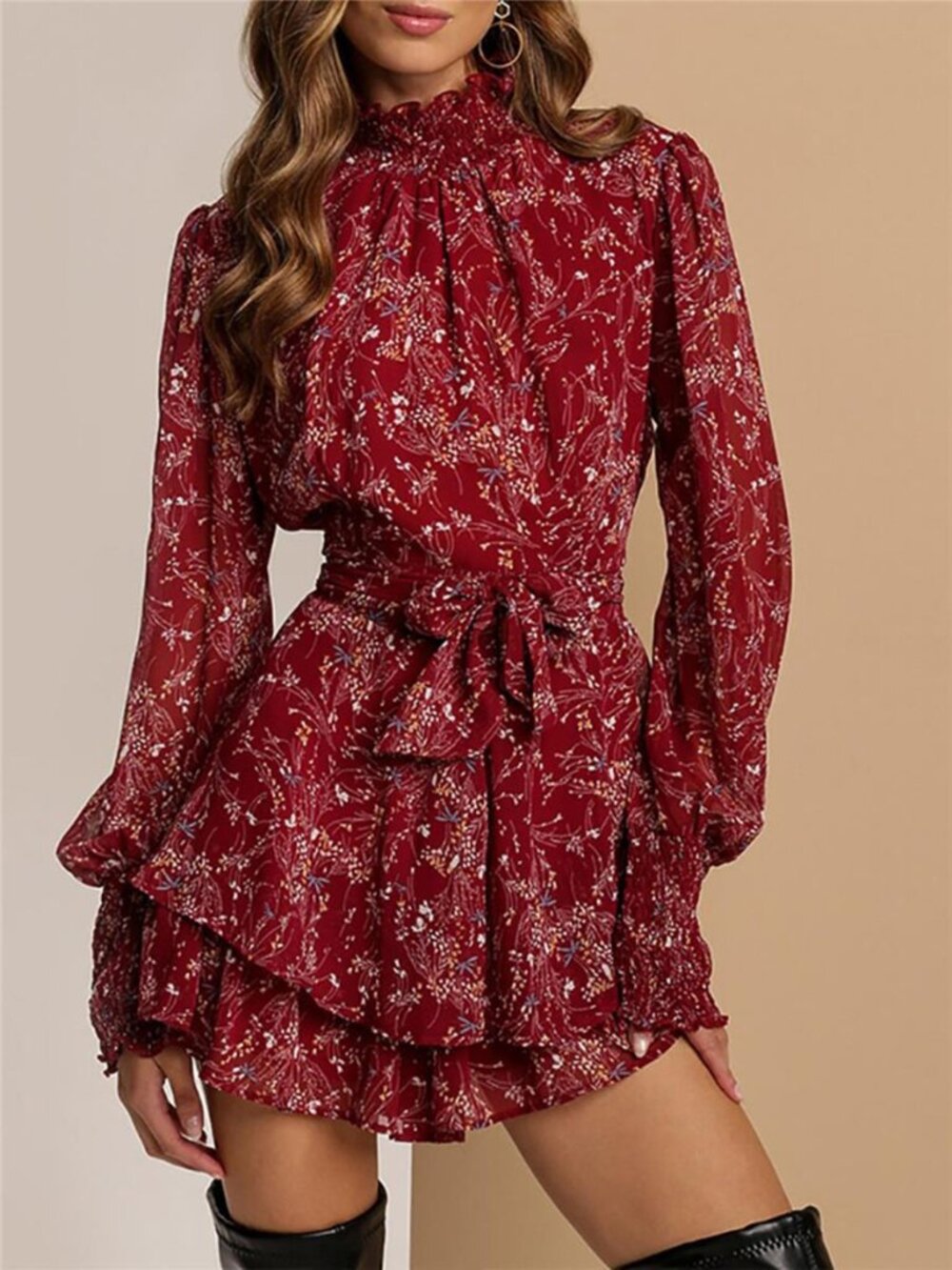 Plus Size Floral Print Mock Neck Long Sleeve Ruffle Hem Mini Dress